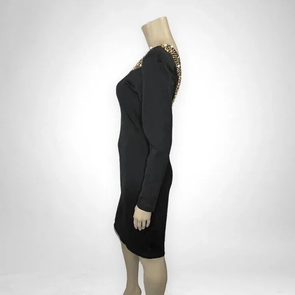 Vintage 80s Medium Long Sleeve Gold‎ Beaded Cocktail Dress